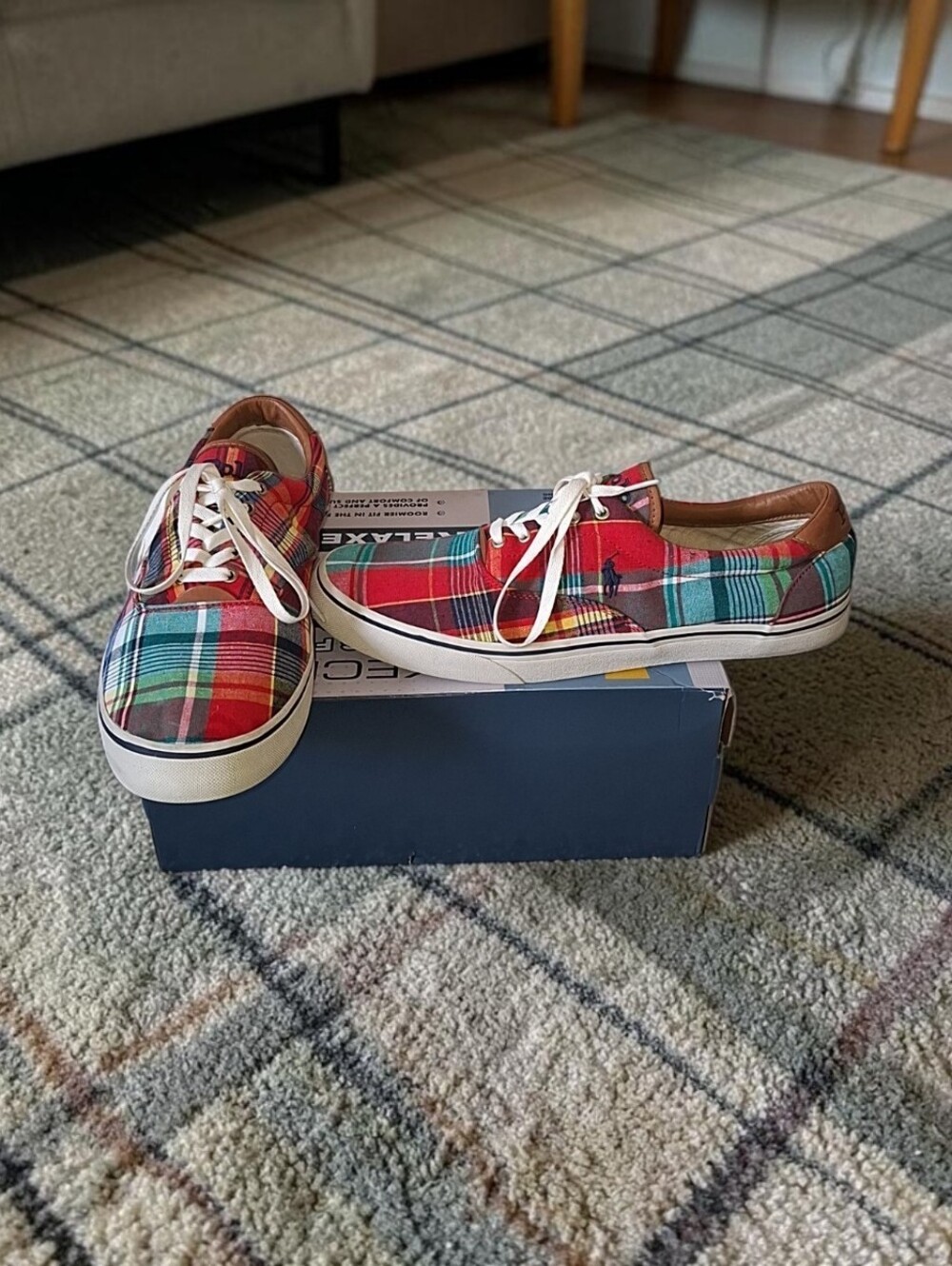 Polo Ralph Lauren Thorton Madras Plaid Lace Up Sneakers Men's US 14D